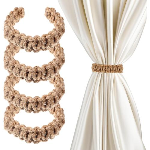 Ptwola 4 Pack Braided Curtain Tiebacks Boho Elegant Rustic Curtain Holdbacks Tie Backs Holders Set Simple Light Weight Drapes Decorative Accessories Handmade for Home Office Bedroom Window (4, Linen)