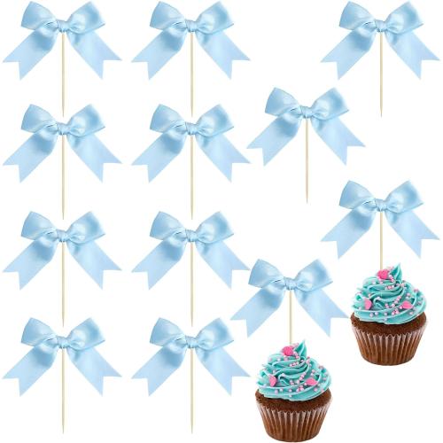 Ephlyn 24Pcs Bow Cupcake Toppers Bowknot Cake Toppers Bow Cupcake Picks Bowknot Birthday Party Decorations for Wedding Bridal Engagement Baby Shower Birthday Party Supplies Light Blue