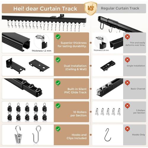 Ceiling Curtain Track Black 12-15 ft Heavy Duty Ceiling/Wall Mount Rail