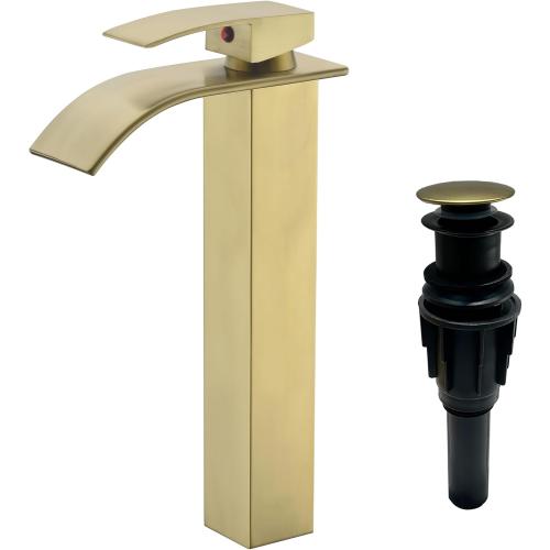Tall Bathroom Vessel Faucet Champagne Brushed Gold, Waterfall