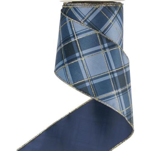 HUIHUANG Blue Tartan Plaid Christmas Wired Ribbon 4 inch Continuous 10 Yds