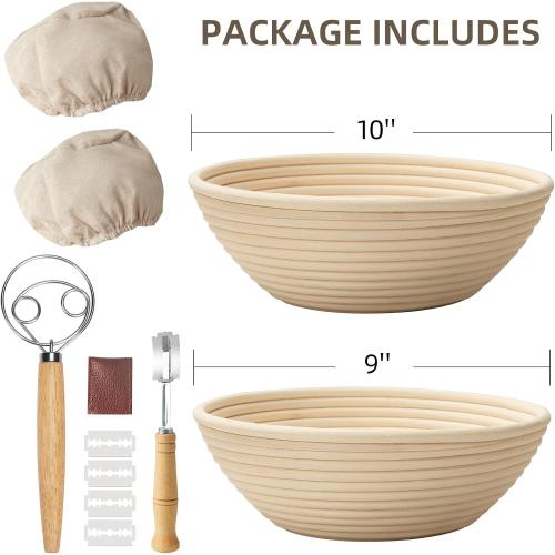 Kikcoin 9 & 10 Banneton Bread Proofing Basket Set, Round Banneton Basket for Sourdough Baking, Baking Supplies with Linen Liner, Bread Lame & Dough Whisk, Sourdough Proofing Tools