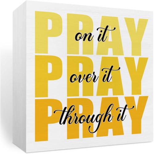 Inspirational Bathroom Room Decor, Christian Bible Desk Decoration, Accessories for Women Office, Dorm Decor Gifts for Women, Wooden Box Sign for Home Bedroom Table Shelf-Pray Through It(yellow)