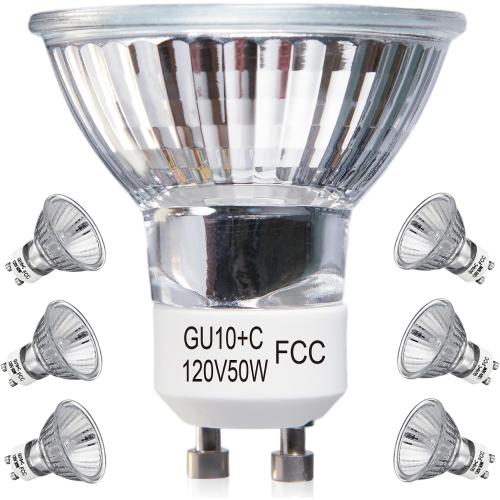 Elenhome GU10 Halogen Light Bulbs, 6 Pack 120V 50W Dimmable MR16 GU10 C Bulbs with Glass Cover, 2800K Warm White Scent Wax Burner Light Bulb & Recessed Light Bulbs for Candle Warmer Lamp