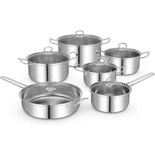 12 Piece Pots & Pans Set, Stainless Steel Cookware Set with Tempered Glass Lids, Handles & 3-Ply Base, 4 Stockpots, 1 Frying Pan & 1 Sauce Pan for Stovetop, Induction, Halogen