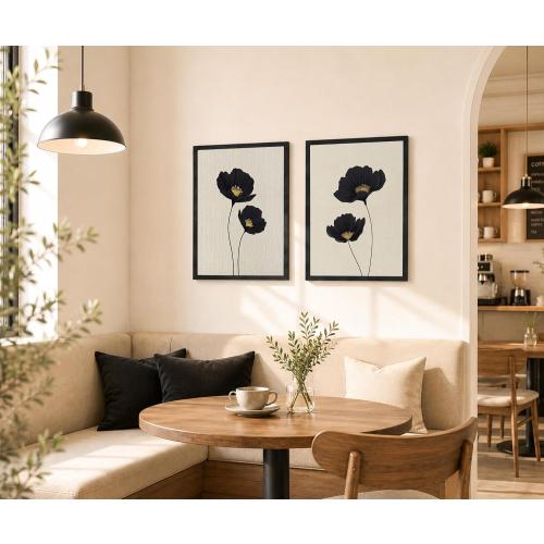 Minimalist Black Gold Flower Bathroom Wall Art Poppy Botanical Art Print
