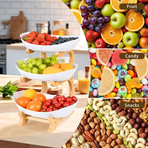 Fruit Bowl for Kitchen Counter, 3 Tier Plastic Serving Bowls with Bamboo Stand, Tiered Fruit Basket for Fruits Vegetable Storage, Cake, Dessert, Nuts, Snack, Salad for Party Wedding