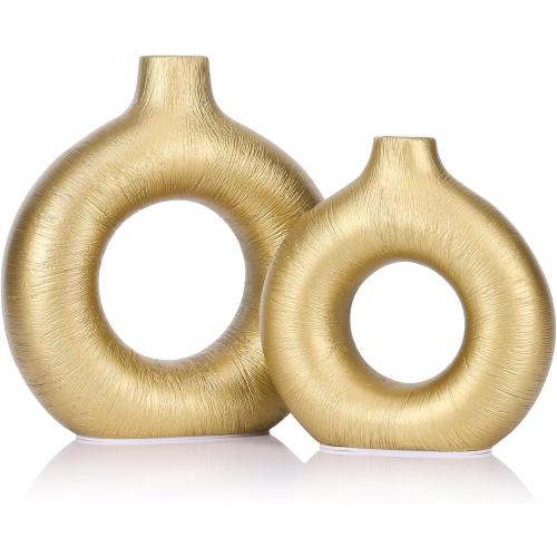 Gold Vase Decor Donut Vase Set of 2 - Circle Hollow Vases, Modern Matte Ceramic Vases for Entryway Living Room Bedroom Dining Table Centerpiece Office Home Decor