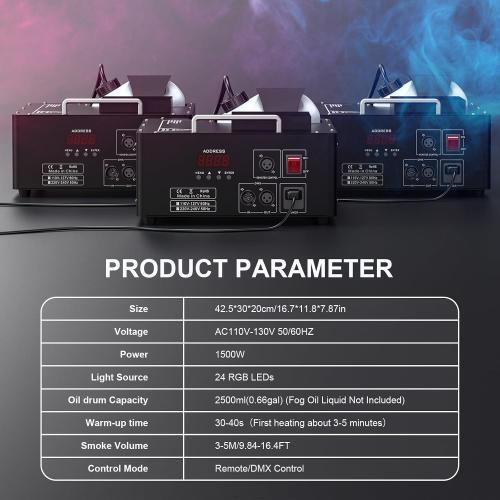 1500W Fog Machine with Lights 24 RGB LED Stage Smoke Machine Vertical Halloween Smoke Machine DMX/Wireless/Manual Control 2.5 Liters with 20000 CFM for Wedding Christmas Party Outdoor Indoor