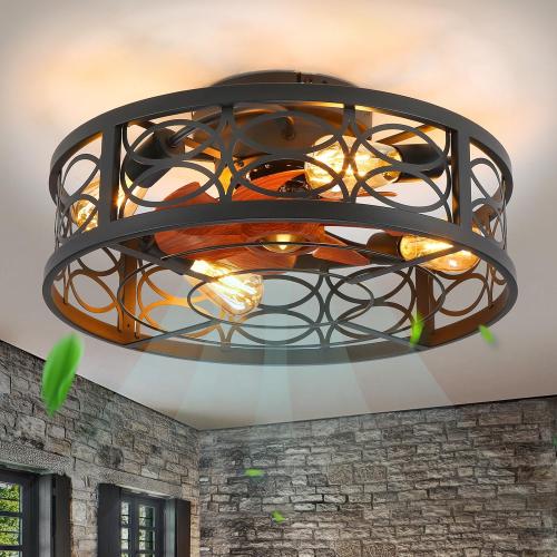20 Caged Ceiling Fan with Light and Remote，Bladeless Ceiling Fan 6 Speed Reversible with 4 Bulbs and Remote Control.Low Profile Ceiling Fans with Lights for Bedroom, Dining Room