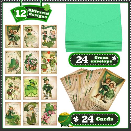Yinder 24 Set St Patrick's Day Cards with Envelopes Vintage Green St Patrick's Day Shamrock Greeting Cards Retro Clover Irish Cards for Party Classroom Home Office Business (Cute Style)