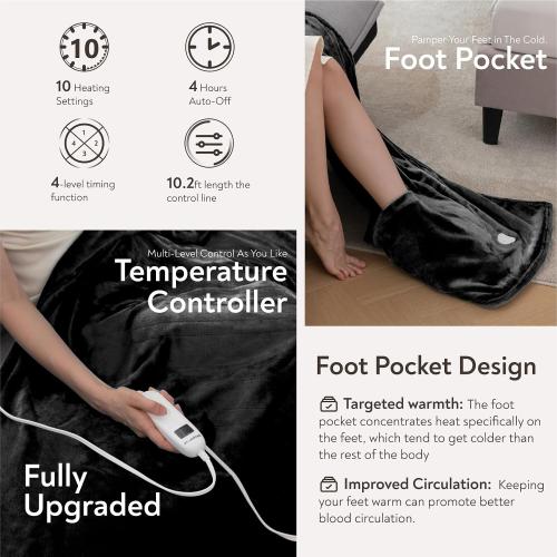 Wapaneus Foot Pocket Heated Blanket Electric Throw with 10 Heating Levels and 4 Timer Settings 4 Hours Auto Shut Off, Flannel Fast-Heating Heated Throw 50 x 60, Machine Washable, Black
