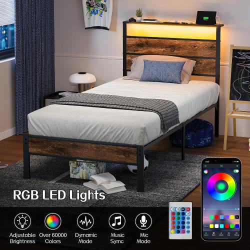 Liians Twin Bed Frame with Storage Headboard USB Charging Station, Smart LED Lights, Metal Platform Bed Easy Assembly, No Box Spring Needed