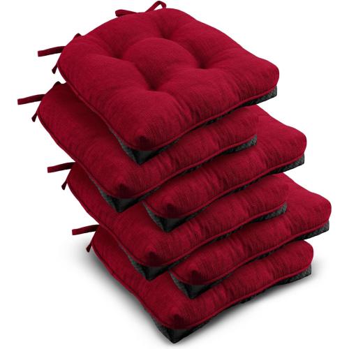 downluxe Indoor Chair Cushions for Dining Chairs, Tufted Overstuffed Textured Kitchen Chair Pads with Ties and Non-Slip Backing, 15.5 x 15.5 x 4, Red, 6 Pack