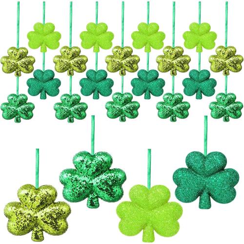 Bucherry 18 Pcs St. Patrick 's Day Shamrock Ornaments 2.4'' Good Luck Clover Hanging Bauble Trefoil Pendant Decorations for Tree Table Vase Tray Shelf St. Patrick's Day Party Decor (Glitter)