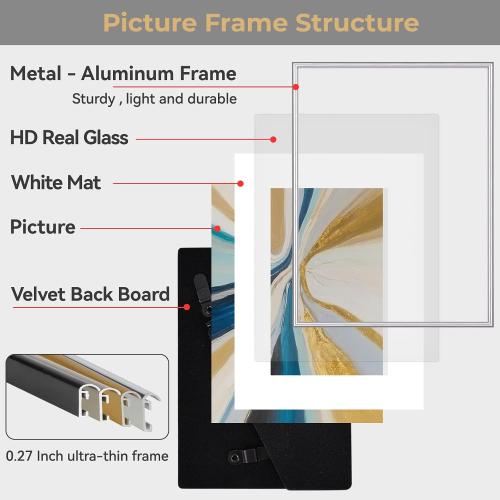 11x14 Silver Aluminum Picture Frame Fits 8x10 Mat HD Glass 1 Pack
