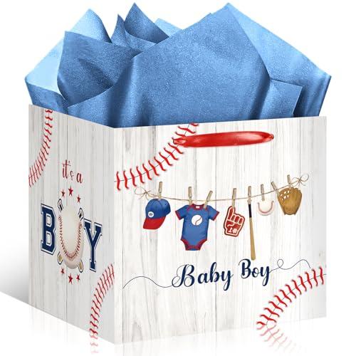 Frakron 12 Extra Large Baseball Baby Shower Gifts Bag with 3 Blue Tissue Paper Vintage Sports Theme Square Birthday Present Wrapping Bag for Boys Newborn Gender Reveal Party Decorations Supplies
