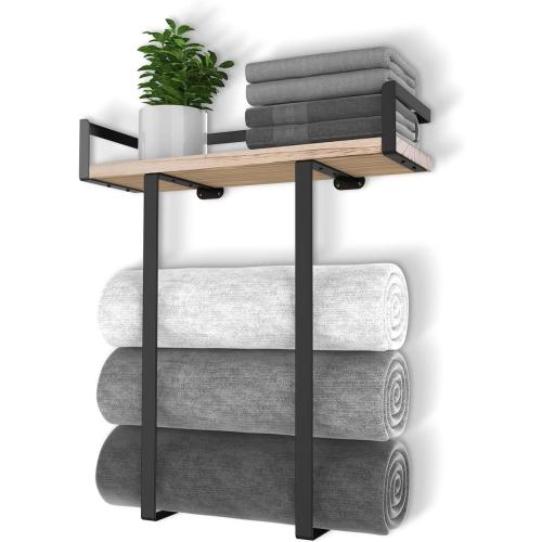 Xstydes Towel Racks for Bathroom Wall Mounted, Metal Towel Holder with Wooden Shelf for Folding Large Towels, Towel Storage for Small Bathroom Organizer Decor or RV Camping