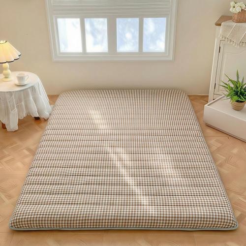 Tan Gingham Japanese Floor Mattress, Full Size 54 x 80, 3.5 Thick | Foldable Tatami Sleeping Pad, Roll Up Floor Bed for Dorm Guest Room