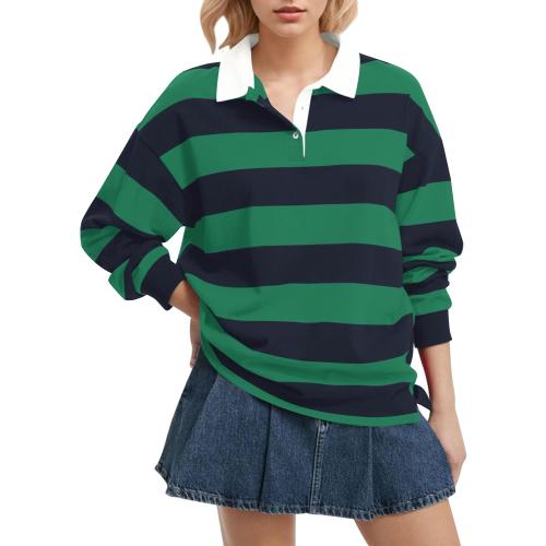 Women Long Sleeve Striped Polo Shirt Oversized Collar Y2k Pullover T Shirt Casual Loose Streetwear Rugby Sweatshirt medium