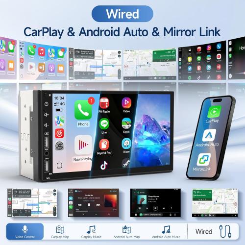 Leadfan Double Din Car Stereo Radio Support Apple Carplay&Android Auto, 7inch HD Touchscreen Double Din Radio with Bluetooth, Car Audio Receivers, Camera, MirrorLink, FM Radio, 2 USB/TF/AUX/Subwoofer