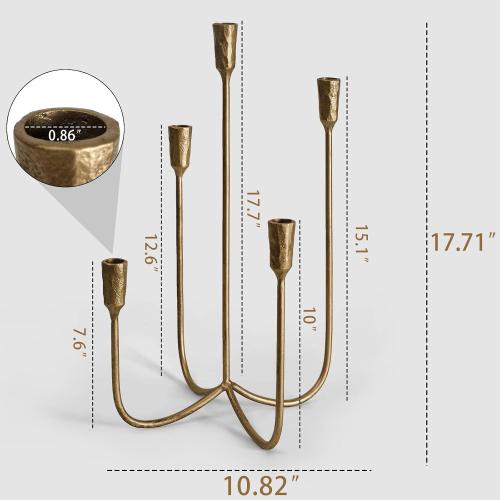 5-Candle Cast Iron Metal Candelabra Candlestick Holders 15 inch | Tall Candle Holder Wedding Event Candelabra Candle Stand Brass Gold