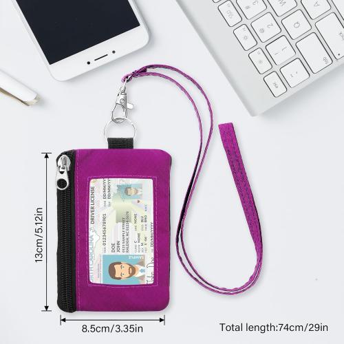 Minimalist RFID Wallet with Lanyard, Multi-Functional ID Case with 2 Zipper Pockets and Key Chain for Men and Women, Tactical Badge Pouch Cards Holder, Coin Purse for Travel Sports - Rose