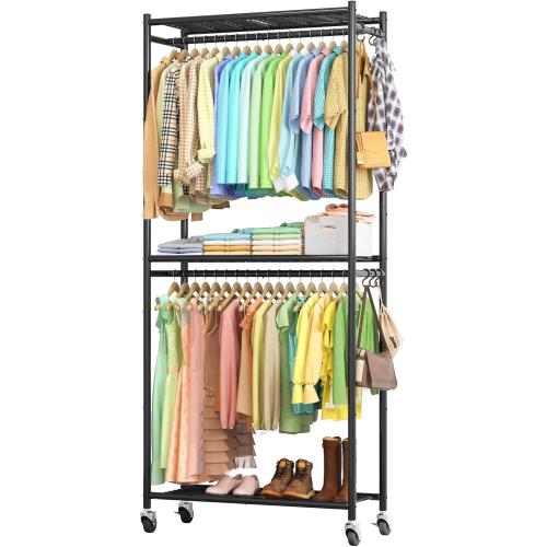 Sakugi Clothes Rack - 33.0 x 12.2 x 79.5 Clothing Rack with Shelves & Wheels, Multi-Functional Wardrobe Closet with Hooks, Sturdy Metal Garment Rack for Bedroom, Laundry, Balcony (Black)