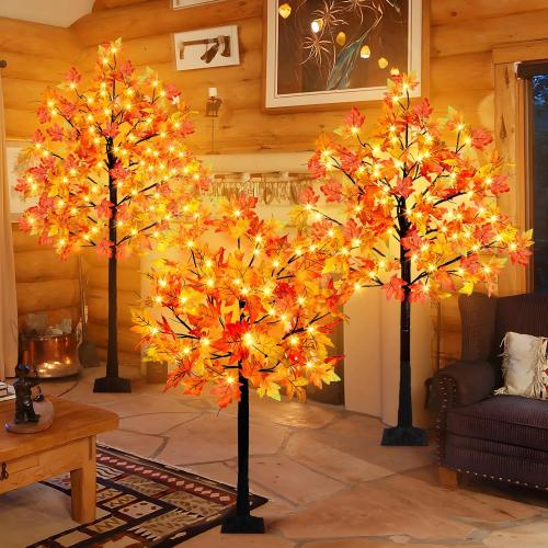 3 Pack Lighted Maple Tree, 4FT 5FT 6FT Artificial Fall Tree With 216 Lights and Timer for Autumn Home, Living Room, Patio, Porch, Garden, Wedding Indoor Outdoor Decor