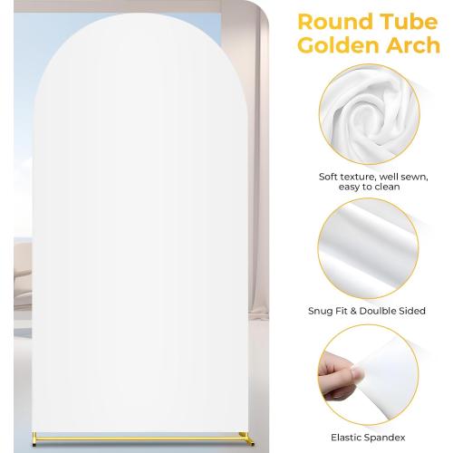 7.2FT Metal Arch Backdrop Stand and Cover Set, Gold Wedding Backdrop Arch Stand with Cover, Balloon Arch Stand with White Arch Cover for Birthday Party Baby Shower Graduation Ceremony Decorations