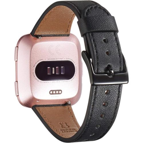 WFEAGL for Fitbit Versa Band, Top Grain Leather Band for Fitbit Versa Fitness Smart Watch (Black Band   Black Buckle)