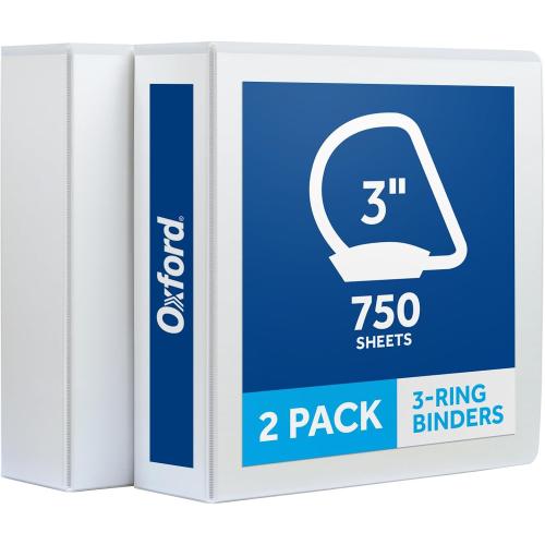 Oxford 3 Inch 3 Ring Binders, 2 Pack, White, Holds 750 Sheets