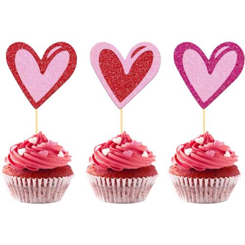 24Pcs Love Heart Cupcake Toppers for Valentine's Day Decorations, Love Heart Valentine's Day Cupcake Toppers for Wedding Bridal Shower Party Decorations (Mix Heart)