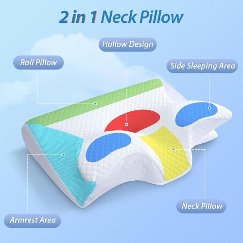HOMCA Memory Foam Cervical Pillow, 2 in 1 Ergonomic Contour Orthopedic Pillow for Neck Pain, Contoured Support Pillows for Side Back Stomach Sleepers