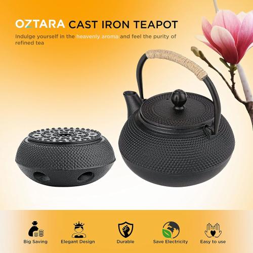 Size 40 oz Oztara Cast Iron Teapot Set, 40 oz/1200 ml Japanese Style Teapot with Infuser and Warmer, Tea pot | Tea Kettle Coated with Enameled Interior, Large Cast Iron Kettle, Black & Iron cast Teapot warmer