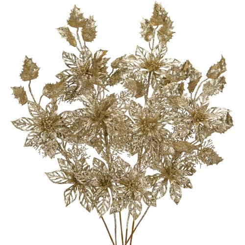 6 Pcs Christmas Tree Picks 25 Inch Glitter Christmas Flowers Poinsettia Glitter Christmas Picks Sprays with Flowers Holly Leaves Pine Needles for Xmas Tree Ornaments Fireplace Wreath - Champagne