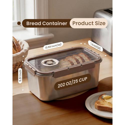 Airtight Stainless Steel Bread Box, Large Bread Storage Container, 2 Packs