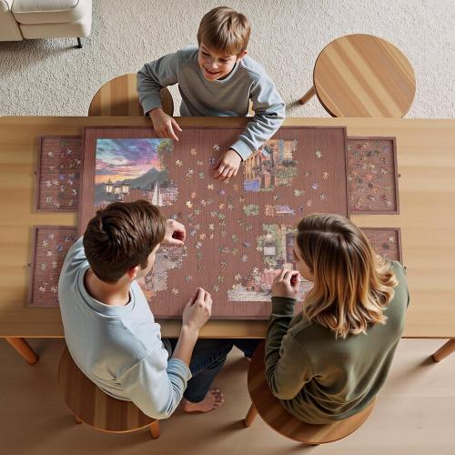 TEAKMAMA 27.6 H Tall Puzzle Board 1500 Piece Puzzle Table with Legs, 4 Drawers, 34.3 W x 26.5 D Large Wood Folding Jigsaw Puzzle Board with Cover for Adults, Chocolate Brown