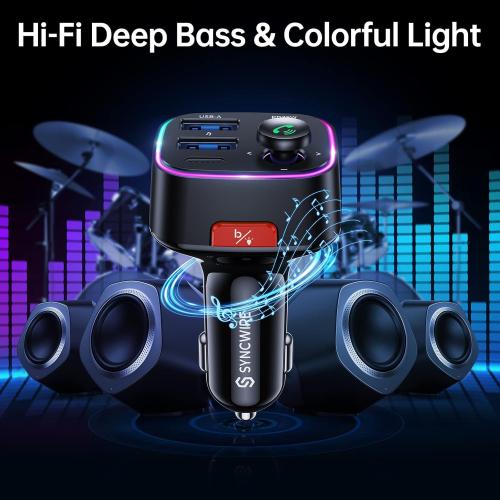 Syncwire Bluetooth 5.4 Car Adapter 48W FM Transmitter for Hands Free Calls | Light Switch, Fast Charge (PD 36W & 12W), HiFi Bass Sound, LED Display, USB Drive Support, Wireless Radio Music Adapter