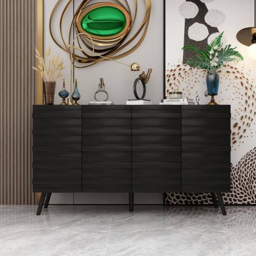 Black Paint Wood 31.4 in. H Storage Cabinet with Adjustable Shelves, Fashion Slatted Doors and 5 Solid Wood Legs