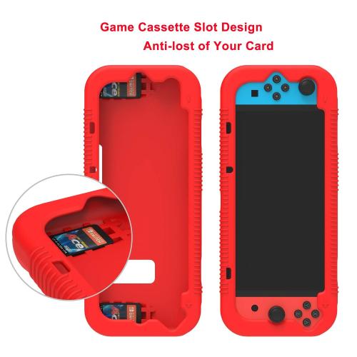 Teyomi Protective Silicone Case for Nintendo Switch, Grip Cover with Tempered Glass Screen Protector, 2 Storage Slots for Game Cards, Shock-Absorption & Anti-Scratch (Red)