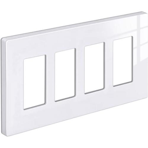 [1 Pack] BESTTEN 4 Gang Screwless Decorative Wall Plate, Mid-Size H4.88 x W8.58, USWP6 Gloss Snow White, Faceplate Cover for Decorator Receptacle Outlet & Switch