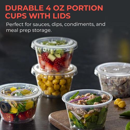 4 Ounce Portion Cups with Lids, 100 Count – Leak-Proof & Durable, Ideal for Sauces, Condiments, Meal Prep, Snacks, and Dips – Clear, Eco-Friendly, BPA-Free