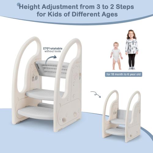 Toddler 3 Step Stool Onasti Kids Standing Tower for Toddlers Plastic Learning Helper Stool for Kitchen Counter Bathroom Sink Toilet Potty Training with Handles and Non-Slip Pads-Grey White