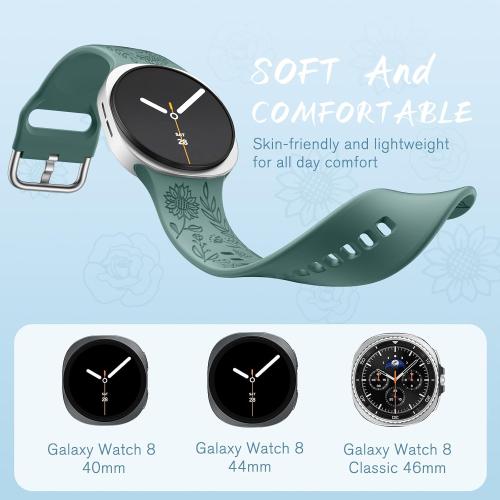 SNBLK Floral Engraved Bands Compatible with Samsung Galaxy Watch 9/8 Band 40mm 44mm/ Watch 8 Classic Band 46mm, 6Pack Flower Soft Silicone Sport Replacement Strap for Samsung Watch Bands Women Men