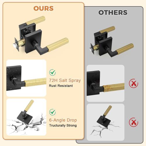 Probrico 2 Pack Brushed Gold Door Handles with Black Lever, Knurled Passage Door Handle for Hallway or Closet Door, Modern Interior Door Handle, Heavy Duty Keyless Lever for Left Right Handed Door