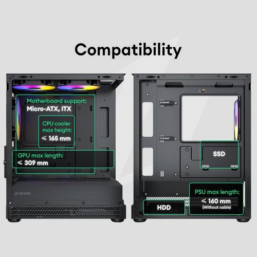 Okinos Aqua UNO Micro ATX Case, No Radiator Support, Max GPU Length 309mm, Quick-Release Panoramic Tempered Glass Front & Side, 3x120mm ARGB Fans Pre-Installed, Type-C 5Gbps, Black