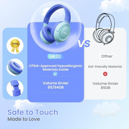 Acer Kids Headphones for School, 85-94dB Limiter, 3.5mm Jack, w/Mic HK03