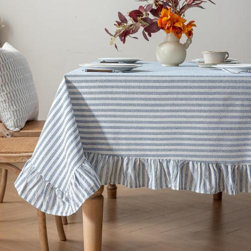 Striped Cotton Blend Tablecloth Ruffled Table Cloth Blue, 52×70