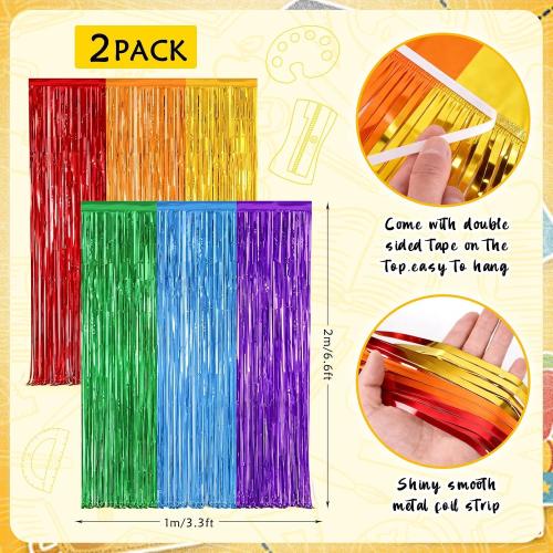 6 Pcs Back to School Door Porch Banner with Rainbow Foil Fringe Curtain First Day of School Classroom Decor ABC Pencil Photo Booth Backdrop Kindergarten Preschool Welcome Back to School Party Supplies